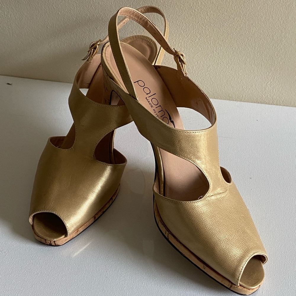 Paloma by Paloma Picasso VTG Gold High Heel Sandals Peep Toe sz 38B Italy